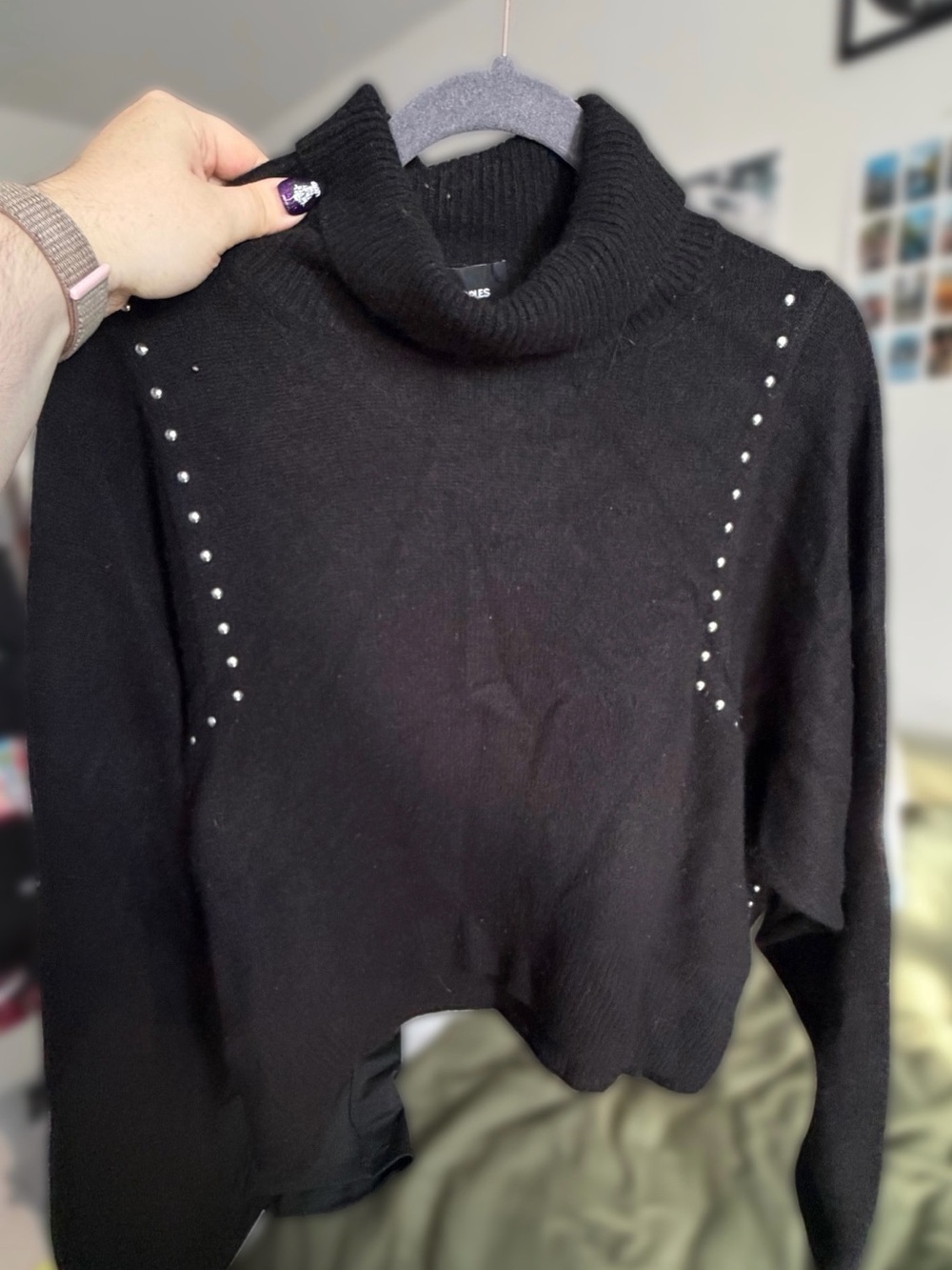 100% Cashmere Designer Black Turtleneck Studded Women's Sweater